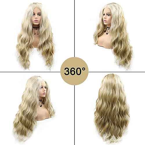 613 Lace Wig Blonde Curly Lace Front Wigs Brown Blonde Highlight Long Water Wave Synthetic Lace Front Wig Pre-plucked Hairline Glueless Wigs for Black Women Girls Daily Party 26 Inch