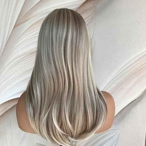 Blonde with Brown Lowlights 13x4 Synthetic Lace Front Wig Pre Plucked Hairline Blonde Blend Natural Straight Shoulder Length 17 Inch Natural Looking Heat Resistant Fiber Wig for Daily