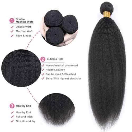 Hair Bundles 12A Yaki Kinky Straight Human Hair 1 Bundles 100% Unprocessed Mongolian Virgin Human Hair Weave Extensions Natural Color Single Bundles (28 inch)