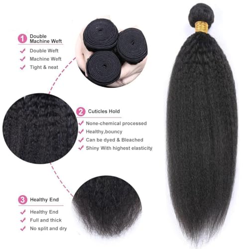 Hair Bundles 12A Yaki Kinky Straight Human Hair 3 Bundles 100% Unprocessed Mongolian Virgin Human Hair Kinky Straight Bundles Yaki Hair Natural Color (16 18 20)