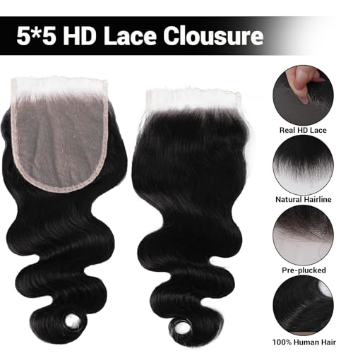 5x5 Skinlike Real Hd Lace Closure,Ultra Thin Real Hd Lace Single Knot 100% Human Hair Frontal Natural Hairline Body Wave Natural Black 14 Inch