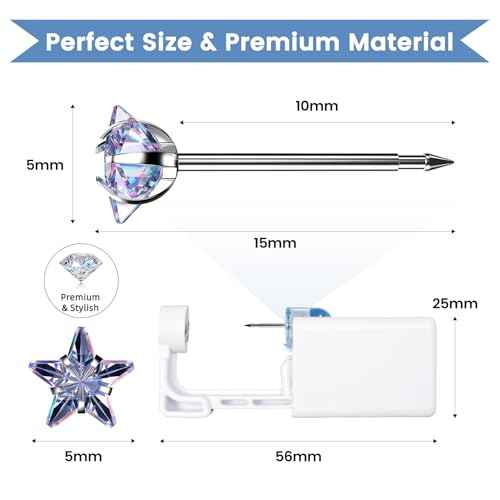 12 Pcs Ear Piercing Kit Disposable Ear Piercing Gun Kit with 4 Pcs 5 Prong Setting Cubic Zirconia Rainbow Star Earrings Stud 316L Stainless Steel Easy to Use Self Ear Piercer Gun Kit Silver