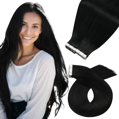 Moresoo Tape in Hair Extensions Human Hair #1 Jet Black Hair Tape in Human Hair Extensions Invisible Glue in Extensions Real Hair Straight 40 Pieces 100g 20 Inch