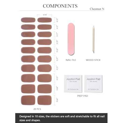 Semi Cured Gel Nail Strips (Chestnut N), Brown, 20 Pcs Fall Gel Nail Wraps, Stickers, UV Light Required, Salon Quality
