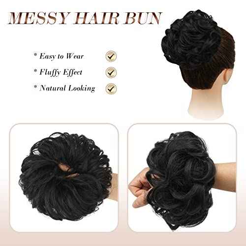 FESHFEN Messy Bun Hair Pieces - Large Wavy Curly Elastic Hair Bun Scrunchies Ponytail Extensions Synthetic Chignon Hairpieces for Women, Natural Black 1.94oz