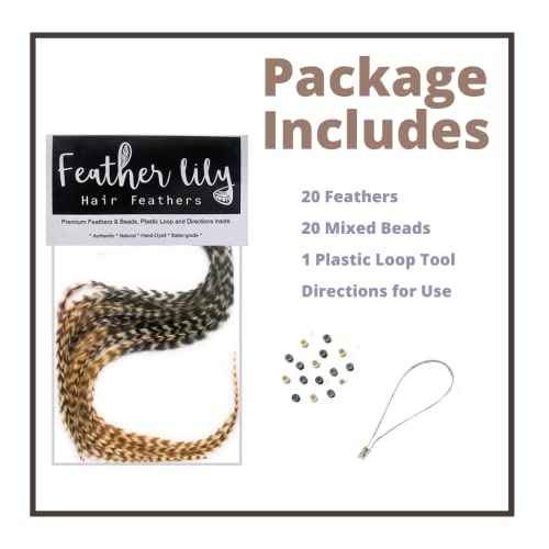 Natural Hair Feathers, Real Long Feather Hair Extensions with bead loop kit, 20 Long Thin Tie Dye Ginger Brown and Black and White grizzly striped Ombre Bayalage Plumes