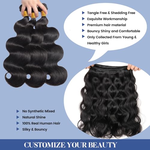 Body Wave Human Hair Bundles with Closure (12 14 16+10) 100% Unprocessed Brazilian Virgin Human Hair Weave Extensions 3 Bundles with 4x4 HD Transparent Lace Clsoure