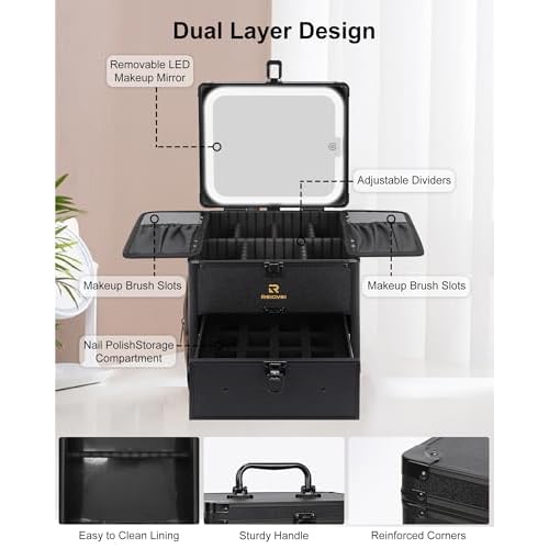 Relavel Makeup Bag with LED Mirror, Dual Layer Cosmetic Train Case with Light up Mirror Large Travel Makeup Artist Organizer Bag for Women with Adjustable Dividers & Nail Polish Organizer, Black
