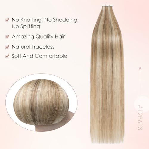 Human Hair Tape in Extensions-Double Stitched,SLEEKALON Free-cut Mini Tape ins Real Hair Extension Highlights Bleach Blonde mix Brown Seamless Straight Double Side Tape Hair-16 Inch,20pcs 50g,#12P613