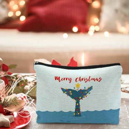 Merry Christmas Whale Beach Makeup Bag, Christmas Ocean Whale Tail Cosmetic Bags for Women, Beach Lover Gifts, Xmas Sea Animal Holiday Zipper Makeup Pouch Travel Toiletry Bag