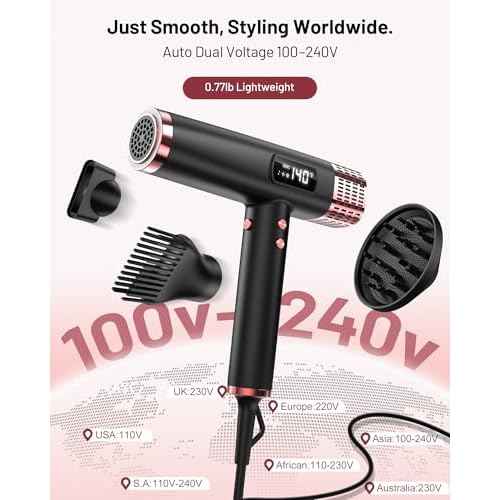 Dual Voltage Ionic Hair Dryer with Diffuser - 1875W High-Speed Blow Dryer for Women, Fast Drying, No Heat Damage, Low Noise, Lightweight, European Travel 110V-120V/220V-240V, Gifts for Women