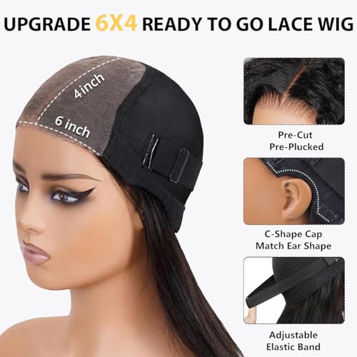 Wear and Go Glueless Wigs Human Hair Pre Plucked Pre Cut 6x4 Short Curly Bob Lace Front Wigs for Black Women Natural Hairline Water Wave Lace Front Wigs 200% Density 14 Inch