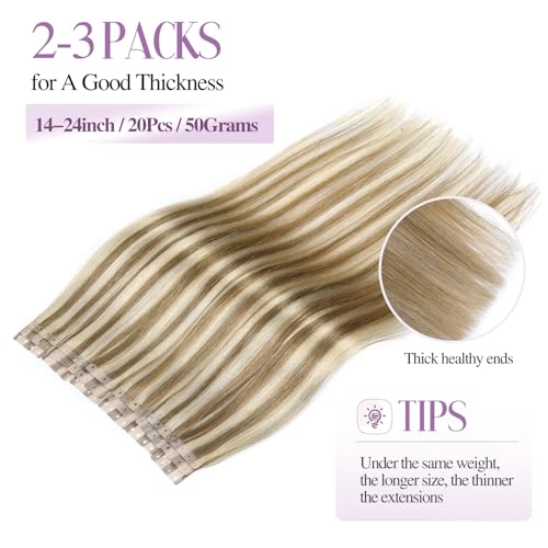 Glueless Human Hair Extensions - Highlighted Brown and Blonde Tape in With Holes - Invisible Seamless Skin Weft for Women (50g 20Pcs, 20 Inch)