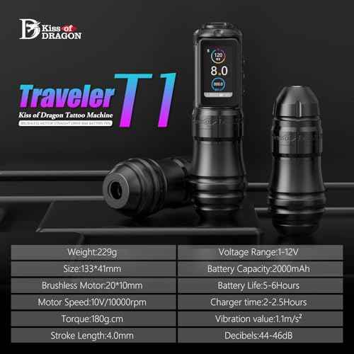 Kiss Of Dragon TRAVELER-T1 Cordless Tattoo Machine with 42mm Grip Brushless Motor Pen Professional 2000mAh Battery