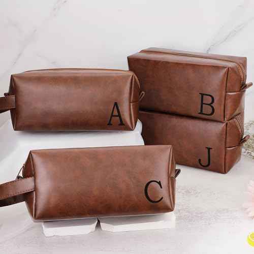 Mens Toiletry Travel Bag Initial J, Personalized Leather Toiletry Bag for Men, Anniversary Christmas Valentines Fathers Day Birthday Gifts for Husband Dad Grandpa Brother