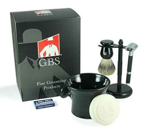 G.B.S Men's Shaving Set- Butterfly Open Double Edge Razor, Shave Brush with dual stand, Shaving Mug with Knob Handle, Natural Shave Soap, 10 Replacement Razor Blades