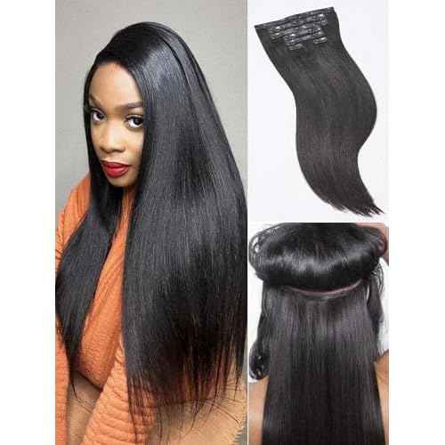 LUVME Yaki Straight LUVME Seamless 2 Pack 220g 14Pcs Clip in Hair Extensions Full Max with 18inch Remy Human Hair Extensions, Natural Black 100% Real Soft Human Hair