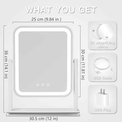 HIEEY Vanity Mirror with Lights, Makeup Mirror with Lights, Three Color Lighting Modes, and 5X Magnification Mirror, Smart Touch Control, 360¡ÆRotation (14.1" x 12" White,Gift Box)
