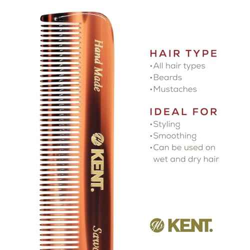 Kent A FOT Handmade Pocket Comb for Men, Women and Kids, All Fine Tooth Hair Comb Straightener for Everyday Grooming and Styling Hair, Beard and Mustache, Saw Cut and Hand Polished, Made in England