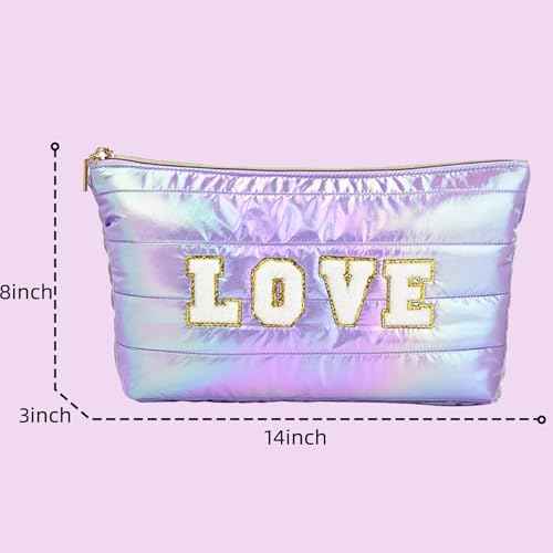 ARISTOTE Personalized Initial Quilted Makeup Bag, Large Cute Cosmetic Bag, Cotton Iridescent Travel Toiletry Organizer Bags, Gifts for Girl Girlfriend Teen Girls Gift Trendy Stuff (LOVE, purple)