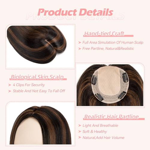 Hair Toppers for Women Real Human Hair 14 inch Straight Human Hair Toppers with No Bangs 13X13 cm Skin Scalp Base for Thinning Hair Top Hair Pieces Remy Hair Topper (P1B/4#, 14 Inch)
