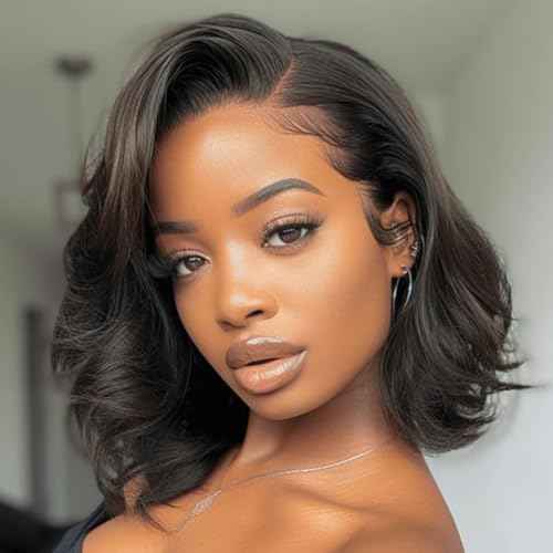 Body Wave Bob Wig Human Hair HD Lace Front Wigs 180% Pre Plucked Density Glueless Wig Natural Black Color 12 Inch for Black Women