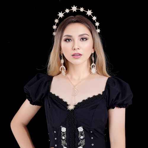 Halo Crown Moon Stars Goddess Crown Halo Headband Tiaras and Crowns Star and Moon Necklaces Earrings Headpiece for Women Boho Bridal Wedding (Gold)
