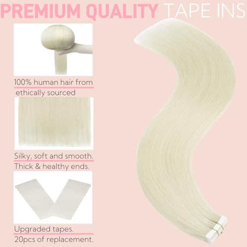 Tape in Hair Extensions Real Human Hair Double Stitched Invisible Seamless 20pcs 50g (Lightest Blonde, 24 inch)