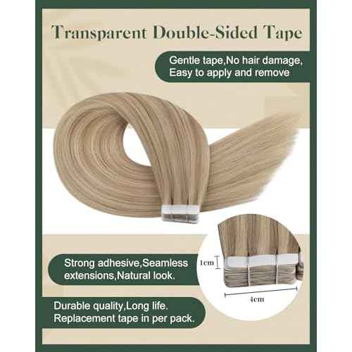 Ugeat Blonde Tape in Extensions Human Hair Highlights Tape in Extensions for Short Dark Ash Blonde with Golden Blonde Straight No Damage to Natural Hair for Wedding 16Inch 20Pcs 50G