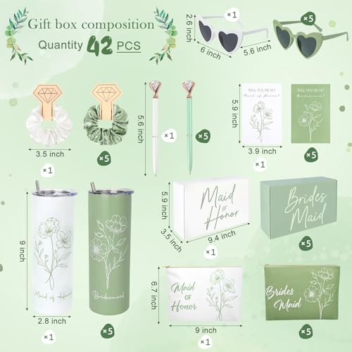 42 Pcs Bridesmaid Proposal Gifts Bridal Shower Gifts Cosmetic Makeup Bags and Boxes Patterned 20oz Water Bottles Bride Sunglasses Scrunchies Hair Diamond Pens Invited Cards Favors for Wedding