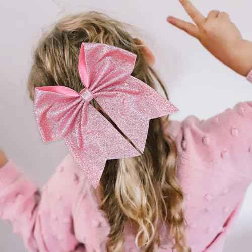 KISZU Hair Clips, Large Big 7inch Sequin Glitter Cheer Bow Clips for Women and Girls, Jumbo Giant Bow Clips Ponytail Holder Big Hair Clips Costume Accessories, Pink