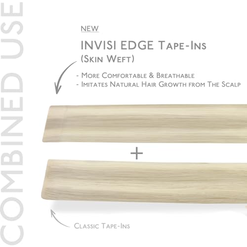 WENNALIFE Invisi Edge & Classic Tape in Hair Extensions Human Hair, 18 Inch 50g 20pcs(10pcs Invisi Edge & 10pcs Classic) Ash Blonde Highlighted Platinum Blonde Invisible Luxury Remy Hair Injected