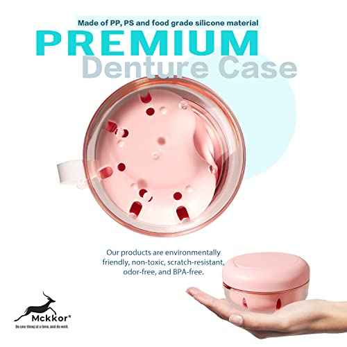 Denture Case, Definitely No-Leak Denture Bath Box for Traveling Perfectly, Denture Cup with Strainer & Mirror(Pink)