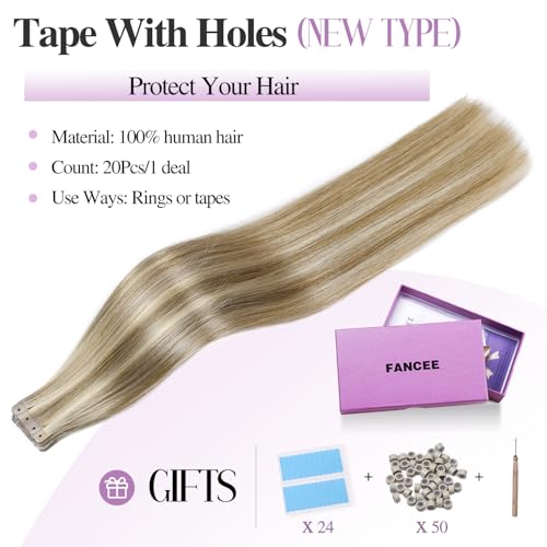 Glueless Human Hair Extensions - Highlighted Brown and Blonde Tape in With Holes - Invisible Seamless Skin Weft for Women (50g 20Pcs, 20 Inch)