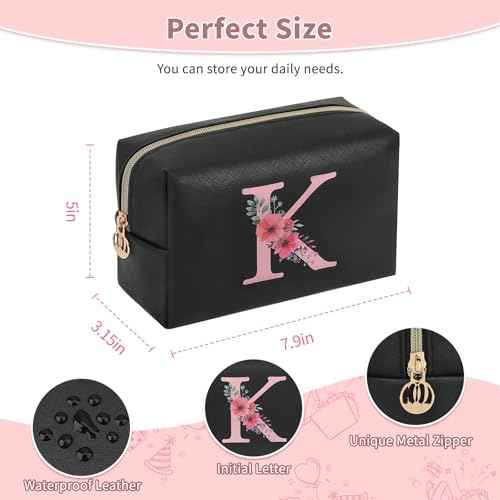 Personalized Initial Makeup Bag, Birthday Gifts for Women and Girls, Small Makeup Pouch Travel Toiletry Bag, Make Up Organizer Bag Gift Trendy Stuff for Friend Mom Teacher, Black