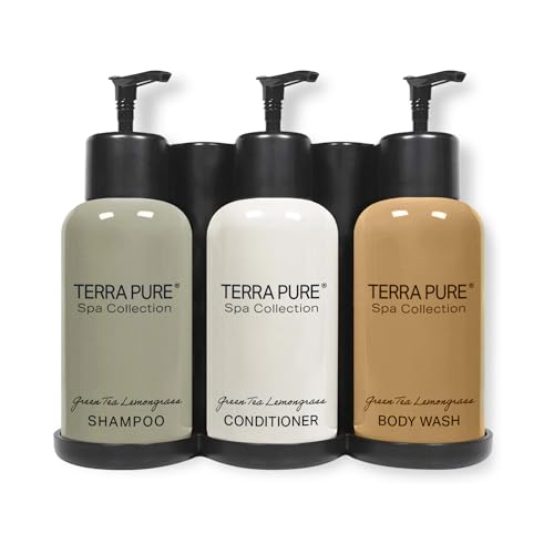 Terra Pure Spa Collection | Wall-Mounted No-Drill Hotel Amenities Dispenser | 10.14oz Bottles | Tamper-Proof Locking Bracket | 1 Bracket with Shampoo, Conditioner, and Body Wash