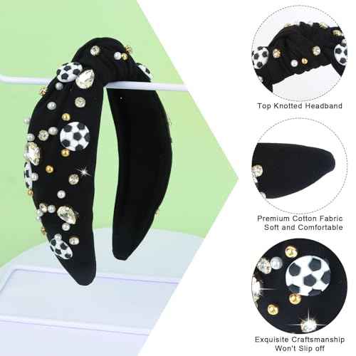 YARIEW Jeweled Knotted Headband - Wide Top Knot Headband for Girls, Sports Fan Mom, Game Day Accessories, Christmas Gifts (Black)
