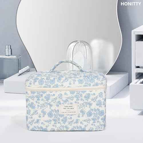 Makeup Bag,Quilted Cosmetic Bags,Large Floral Make Up Bags for Women, Makeup Organize,Flower Travel Toiletry Bag