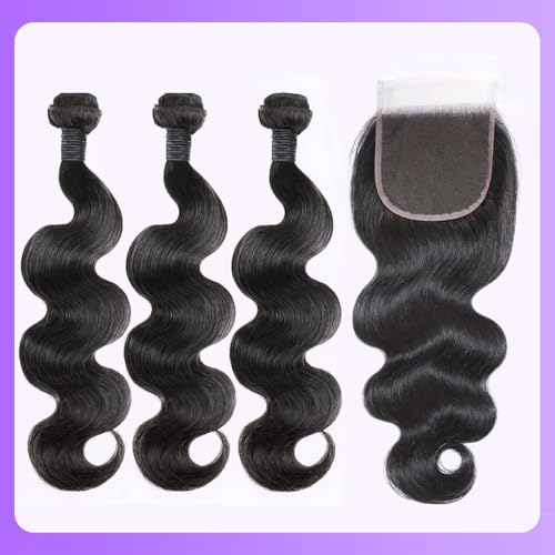 Body Wave Bundles with Closure Human Hair 14 16 18 + 12 Inch Brazilian Human Hair 3 Bundles with 4x4 HD Lace Closure Part 12A Grade 100% Unprocessed Virgin Hair