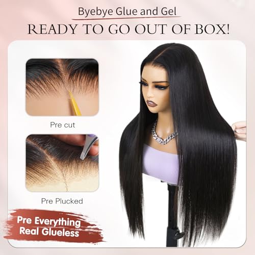 Glueless Wigs Human Hair Pre Plucked Pre Cut 6x4 Straight Lace Front Wigs Human Hair 24 Inch Hd Lace Front Closure Wigs for Women 180% Density Wear and Go Glueless Wig Ready to Wear Black