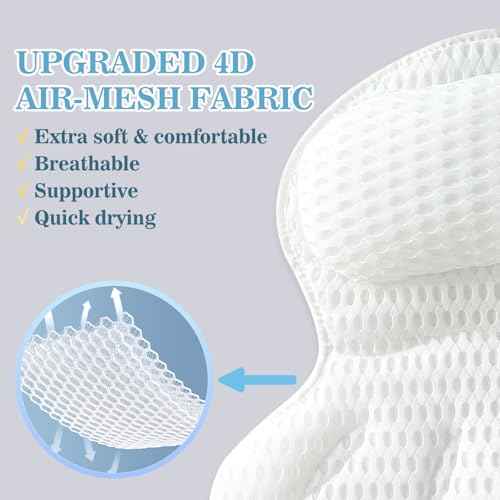 Bath Pillow Luxury Bathtub Pillow - Bath Pillows for Tub Neck and Back Support, Ergonomic Tub Pillow for Bath with 4D Air Mesh + 6 Strong Suction Cups, Great Spa Gifts Bathtub Accessories