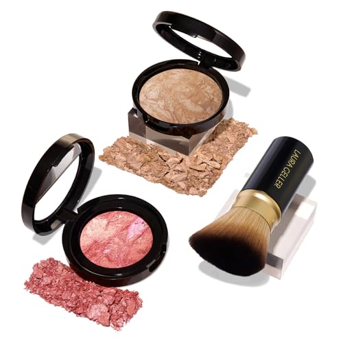 LAURA GELLER NEW YORK 40+ Club Blush-n-Balance 3pc Kit: Baked Balance-N-Brighten Color Correcting Foundation, Medium + Retractable Kabuki Brush + Baked Blush-N-Brighten, Tropic Hues