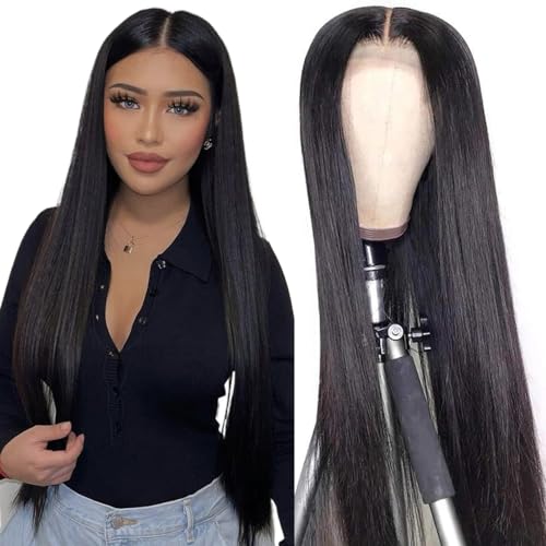 4x4 Lace Front Wigs Human Hair, 150% Density Straight, Glueless, Pre Plucked, Brazilian Virgin, HD Lace Closure, 18 Inch, Black, Female, Adult, Straight, 22-22.5 Inch
