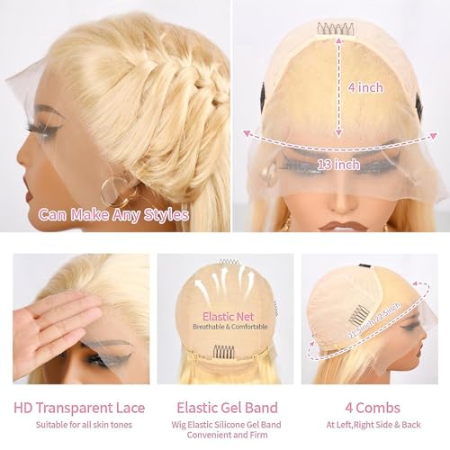 Myecool 613 Lace Front Wig Human Hair 13¡¿4 Straight 613 HD Lace Frontal Human Hair Wigs for Women Pre Plucked Bleached Knots With Baby Hair (22Inch, 150% Density Blonde Wig)