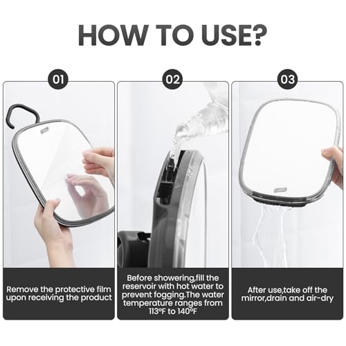 TAILI Shower Mirror, Hanging Fogless Shaving Mirror for Travel Camping, Removable Fog Free Shave for Wall, Shower Accessories, Bathroom, Portable, Shatterproof, Gift for Men Black