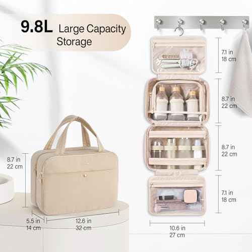 Hanke Hanging Travel Toiletry Bag for Women with Jewelry Organizer Compartment, Travel Essentials Toiletries and Makeup Bag, Water-Resistant & Stain-Resistant with Trolley Strap (Apricot)