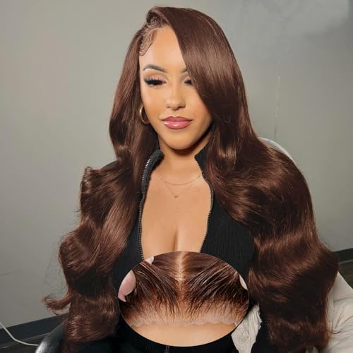 Brown Wear and Go Glueless Wigs Human Hair Pre Cut 26 Inch 9x6 Chocolate Brown Body Wave HD Lace Front Wig Pre Plucked Bleached Knots #4 Dark Brown Closure Wigs 200 Density for Women
