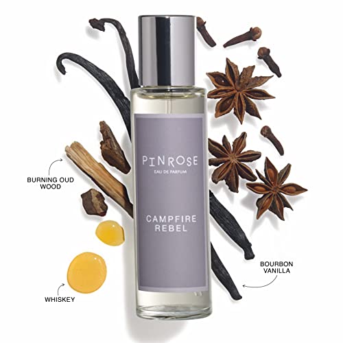 PINROSE Perfumes Campfire Rebel - Eau de Parfum Unisex Fragrance Spray - Clean, Vegan, Cruelty-free, and Hypoallergenic Scent with Essential Oils - Notes of Whiskey, Burning Oud Wood, Bourbon Vanilla, Raspberry and Vetiver - 1 fl oz/30 ml