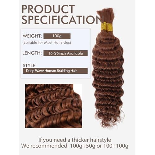 12A #30 Auburn Brown Human Braiding Hair for Boho Braids 2 Bundles 22 Inch 100g Deep Wave Braiding Hair for Bohemian Knotless Braids 100% Unprocessed Virgin Bulk Hair Extensions No Weft