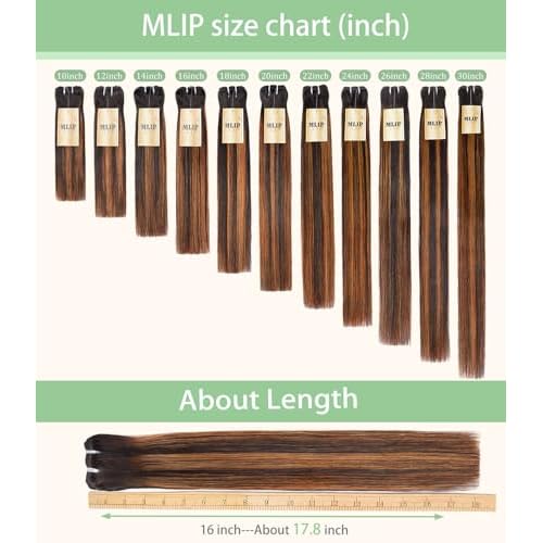 mlip Raw Bundles Human Hair Straight, No Tangle Shedding, Keep Texture Silky Soft After Multiple Washes, 15A Raw Indian Hair Bundles 16 Inches, Brown Highlight Bundles